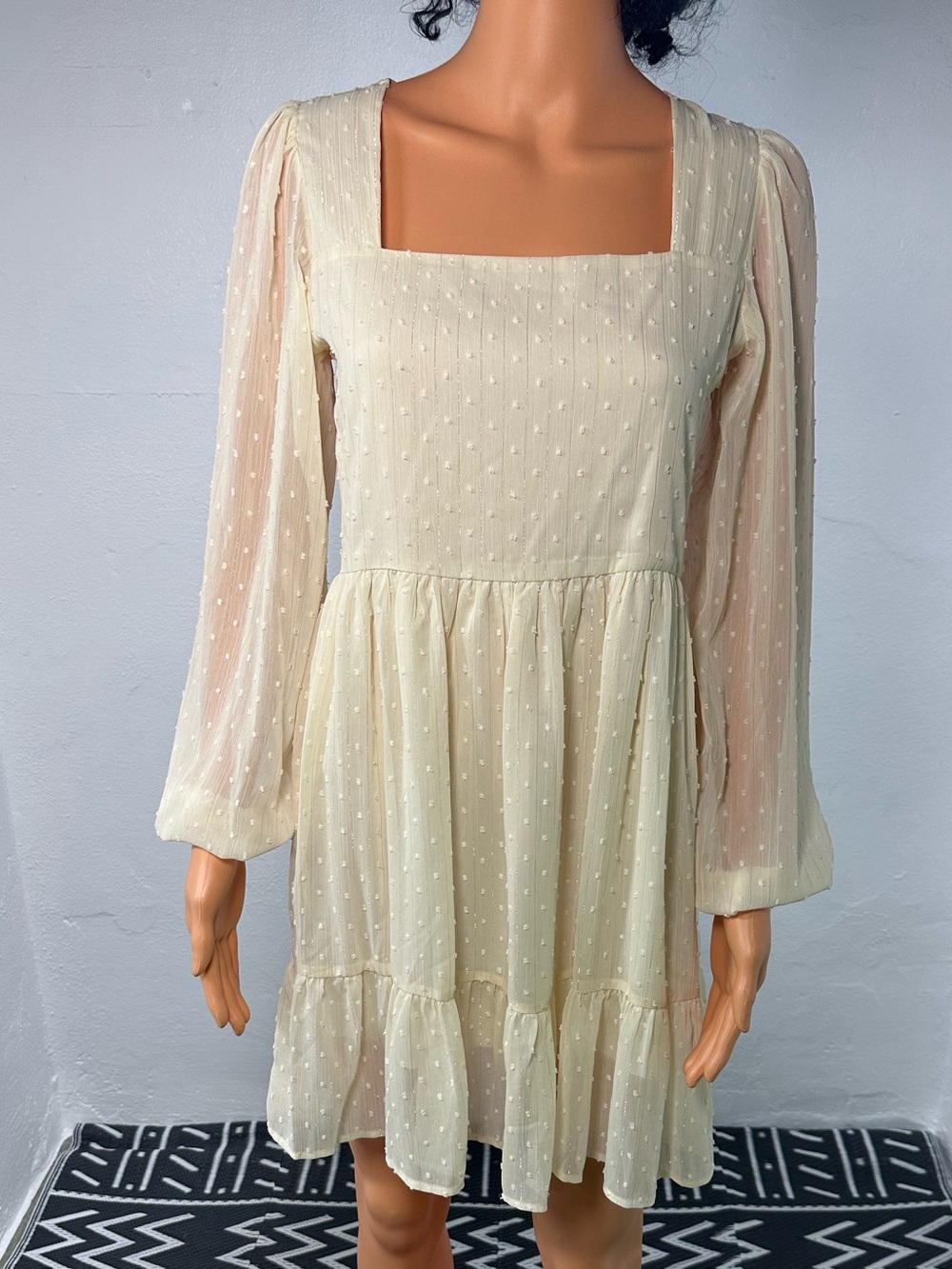 Lea & Viola Cream Swiss-Dot Square Neck Long Sleeve Mini Dress (NWT)